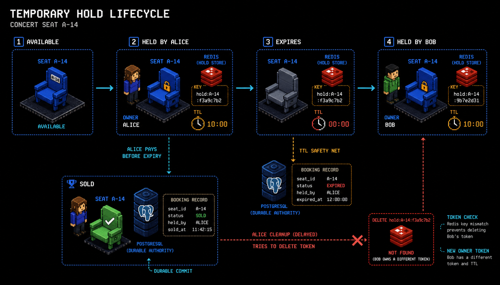 Alice's hold expires, Bob acquires a different token, and a delayed Alice cleanup is rejected by the token check.