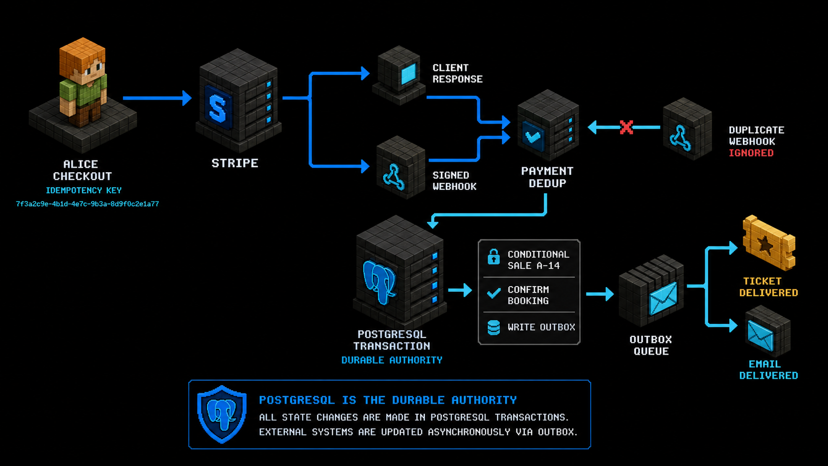 Payment responses and webhooks converge through idempotent booking logic before inventory, outbox, and confirmation are updated.