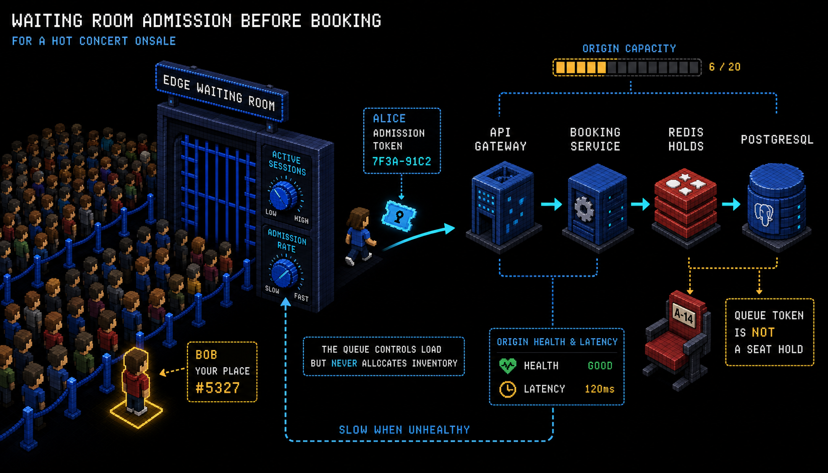 An edge waiting room meters Alice into the booking path while Bob remains queued and origin health controls the admission rate.