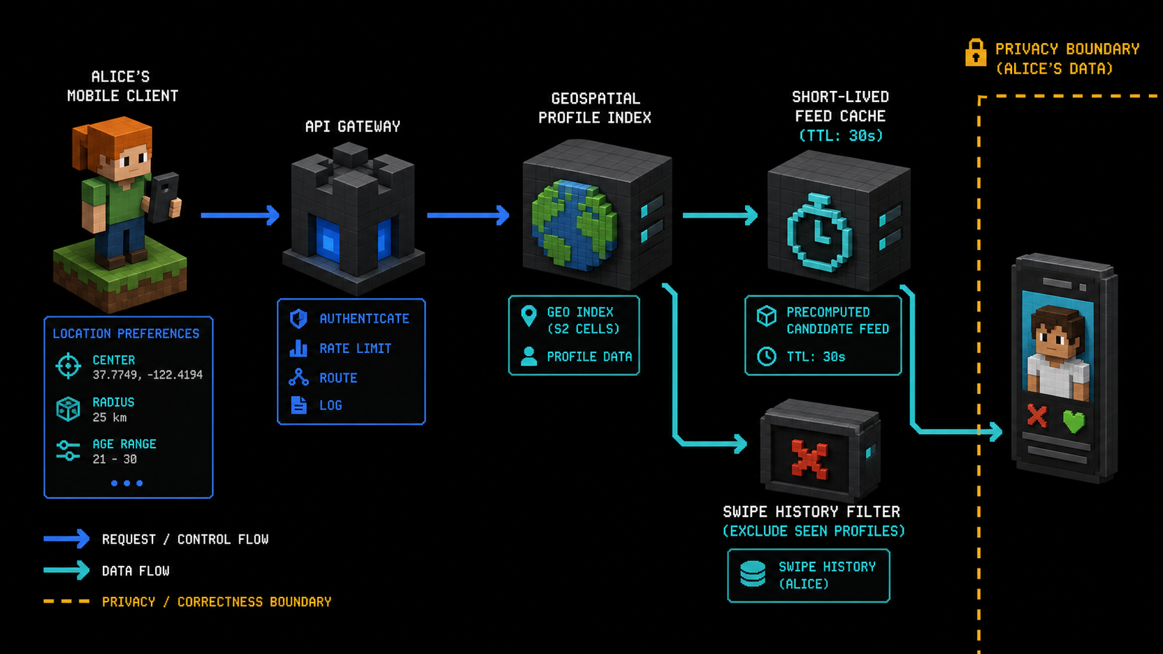 Alice's mobile client sends location and preference filters through an API gateway to a geo profile index and short-lived feed cache, while swipe history excludes seen profiles.