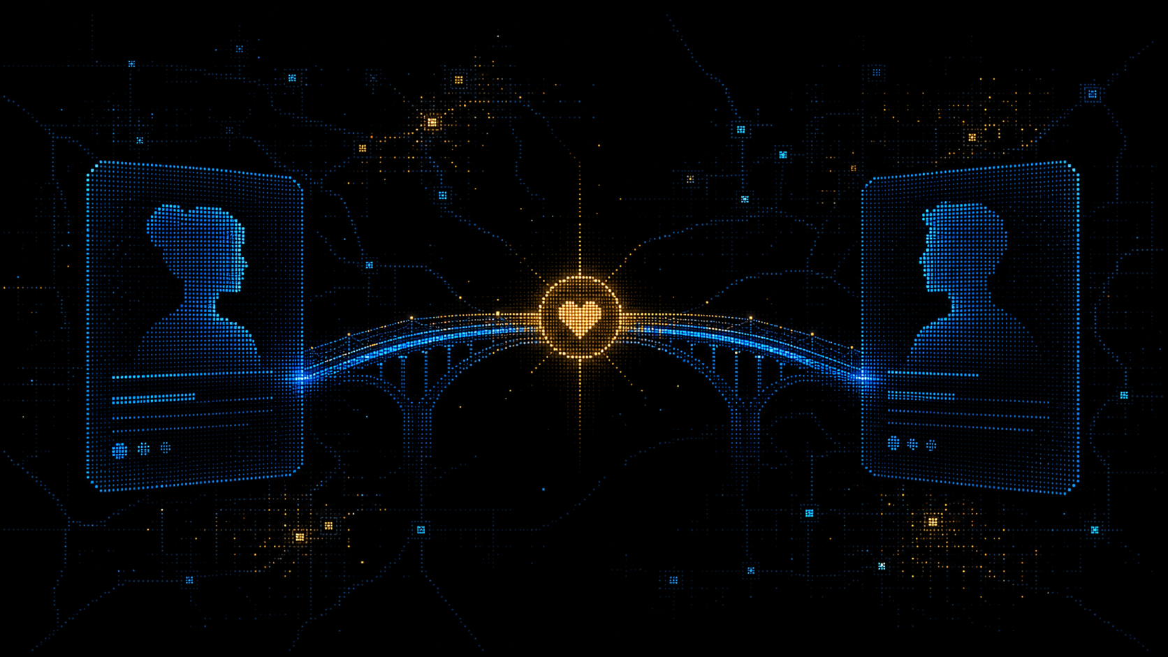 Two abstract profile cards connect across a luminous blue bridge into one amber match node.