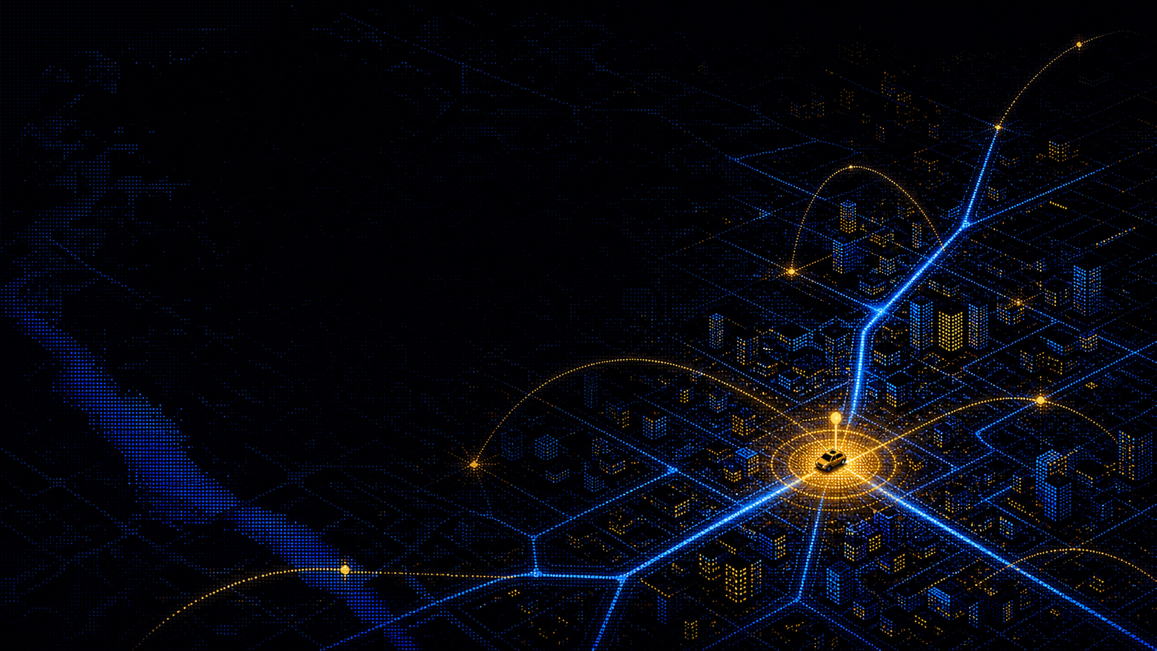 Pixel-dithered nighttime city grid with amber pickup route, used as the Uber system-design article cover.