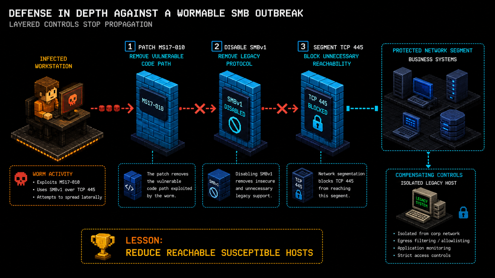 An infected workstation is separated from business systems by MS17-010 patching, SMBv1 removal, TCP 445 segmentation, and compensating controls around an isolated legacy host.