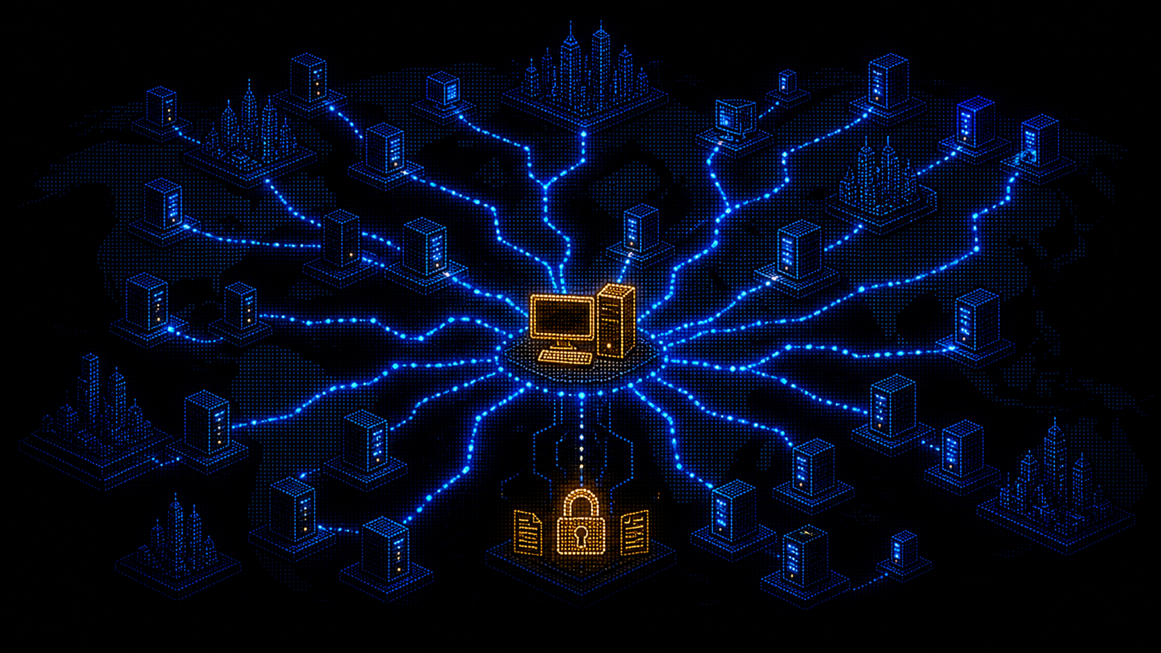 An amber infected workstation sends blue propagation paths across a dark global network and toward an encrypted-file lock.